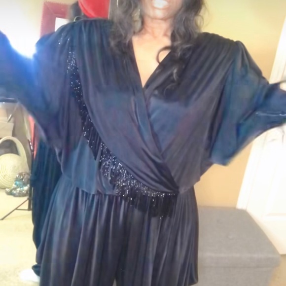 Vintage 80’s black harem style Nightworks black sheer tasseled jumpsuit … - Picture 1 of 10